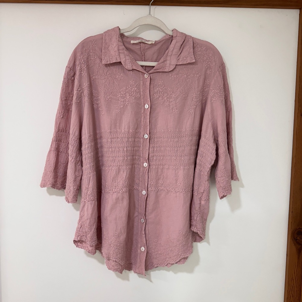 Solitaire Embroidered Button Down Shirt Womens 2X Mauve 3/4 Sleeve | Cottagecore